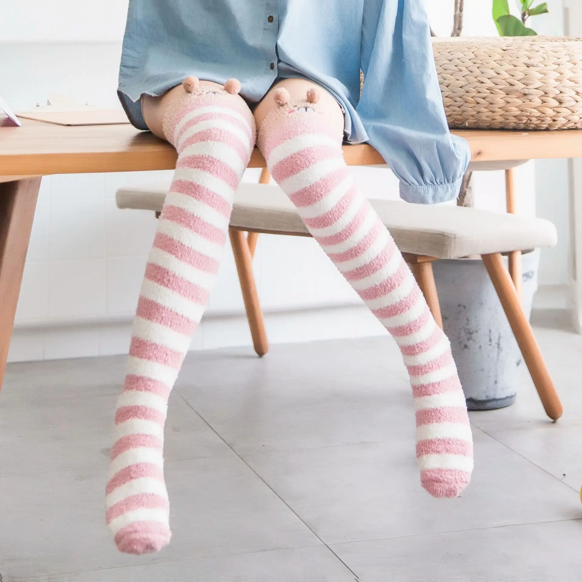 Top Trends: Soft Coral Fleece Knee Socks Winter Warm Girl Women Cute Cartoon Animal Stockings Striped Cozy Thigh High Shoppable Styles