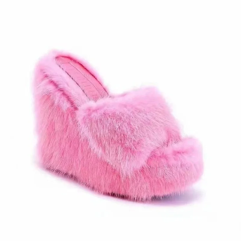 Top Trends: New Fur Slippers Women's Wedge Heel Shoes Women High-heeled Furry Drag Fashion Outdoor All-match Shoes Slippers Furry Slides Shoppable Styles