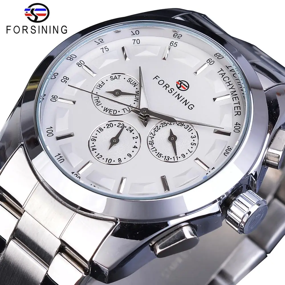 Top Trends: Forsining Silver White Male Mechanical Watch 3 Sub Dial Luminous Hands Date Stainless Steel Band Man Business Sport Montre Homme Shoppable Styles