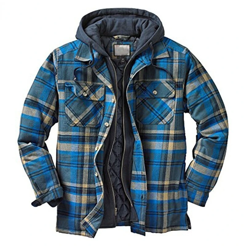 Top Trends: Men's Hooded Quilted Lined Fleece Shirt Jacket, Long Sleeve Plaid Button Up Jackets Autumn And Winter Thick Coats Shoppable Styles