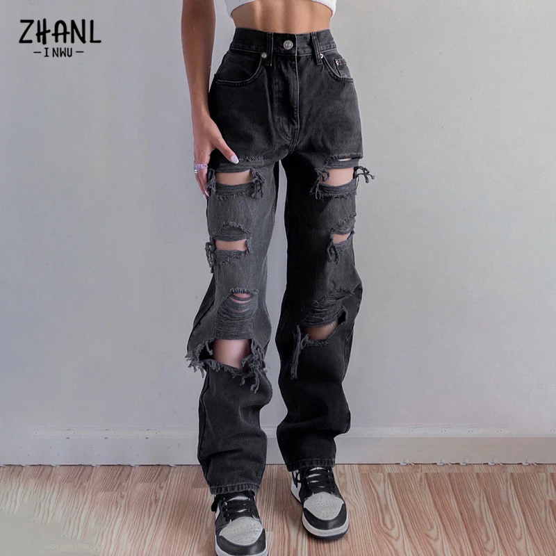 Top Trends: Black Ripped High Waist Jeans For Women Vintage Clothes Y2k Fashion Straight Denim Trousers Streetwear Hole Hip Hop Pant Jeans Shoppable Styles