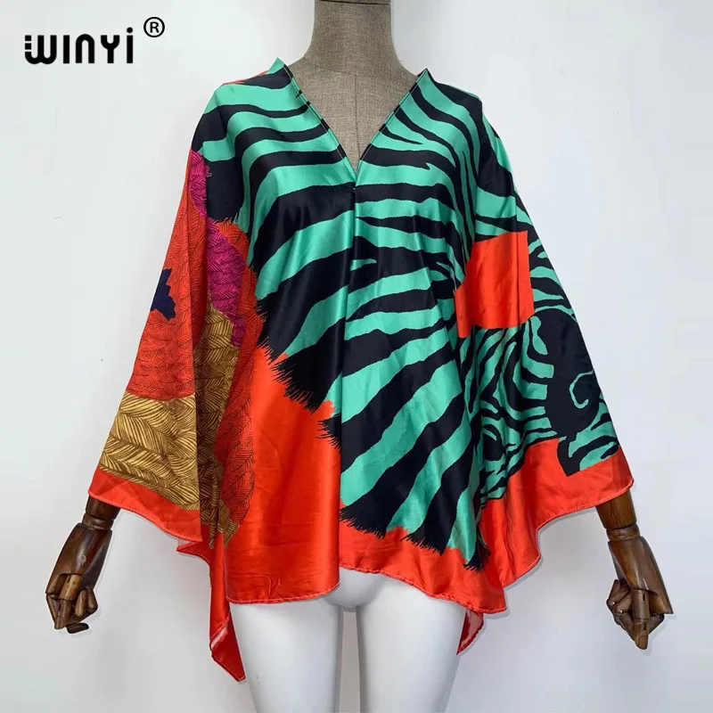 Top Trends: New Printed Middle East 2021 Sexy Silk Feeling Boho Swimwear Beach Top Clothes Batwing Sleeve Abaya Top Dresses For Women WINYI Shoppable Styles