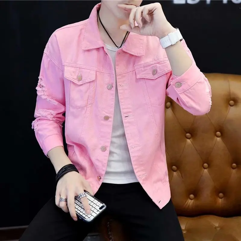 Top Trends: Wholesale 2020 Youth Autumn Pink / red / army / black Men's Denim Jacket Student Couple Teenagers Boys Jacket Ripped Hole Denim Coat Shoppable Styles