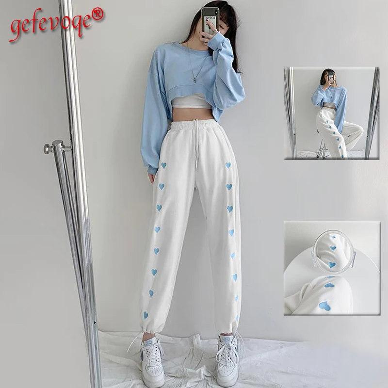 Top Trends: Korean Women Casual Loose Heart Print Streetwear Sweatpants Femme High Waist Harajuku Trousers Wide Leg Sport Jogger Harem Pants Shoppable Styles