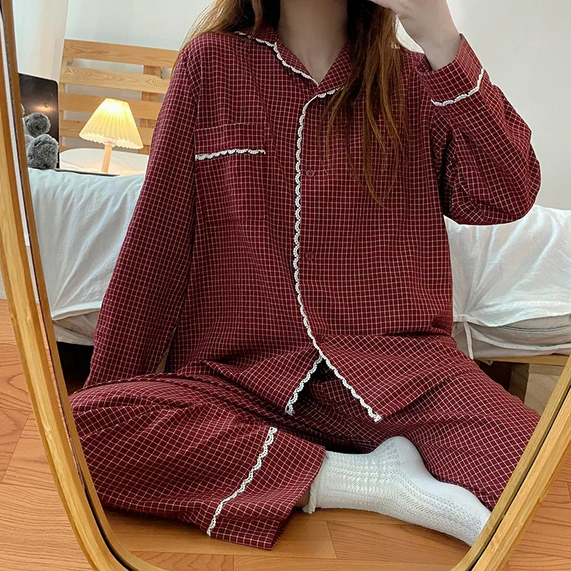 Top Trends: Yasuk 2023Spring Autumn Fashion Women's Casual Lovely Plaid Sleepwear Nightgow Retro Pajamas Set With Pants Trouser NewYear Soft Shoppable Styles