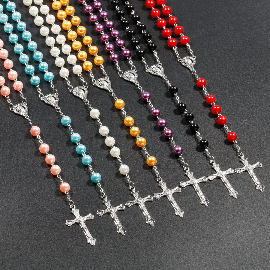 Top Trends: Religion Christian Faux Pearl Rosary Necklace For Women Virgin Mary Jesus Cross Pendant Long Beads Chains Fashion Jewelry Shoppable Styles