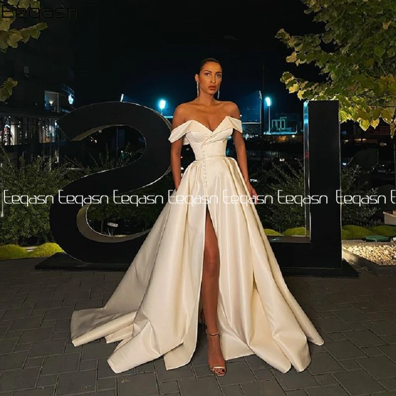 Top Trends: Eeqasn A-line Prom Dress 2023 Spring Satin Off The Shoulder V Neck High Slit Long Evening Gown Formal Elegant Vestidos De Gala Shoppable Styles