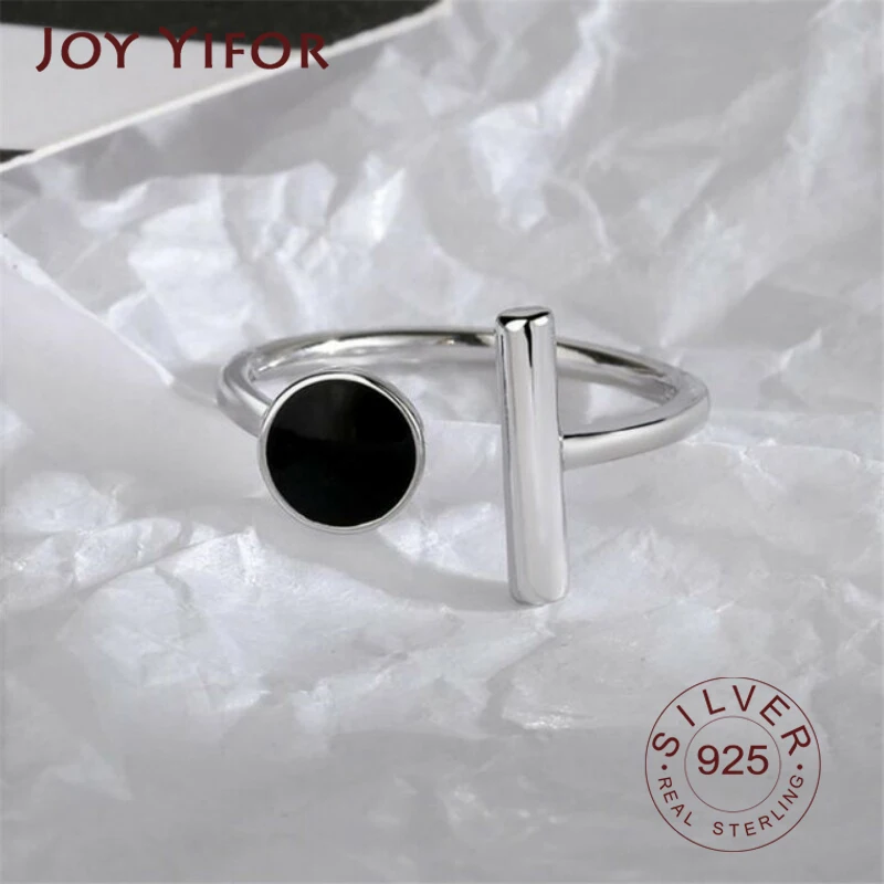 Top Trends: 925 Sterling Silver Geometric Black Rhinestone Round Ring Female Korean Fashion Open Adjustable Handmade Couple Gifts Shoppable Styles