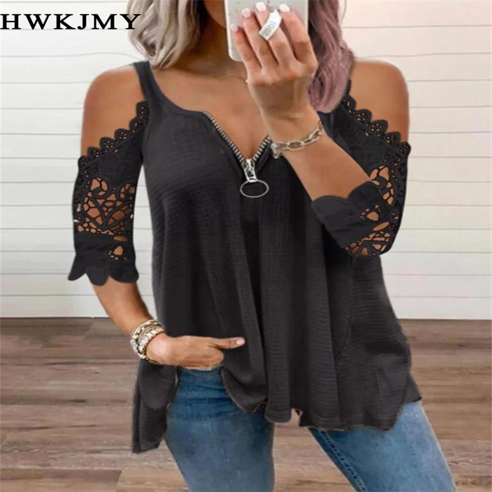 Top Trends: Summer New Lace Petal Half Sleeve Zipper Ladies T-Shirt For Women Oversize Off Shoulder V-Neck Loose Casual Top Tee Tunic 8XL Shoppable Styles