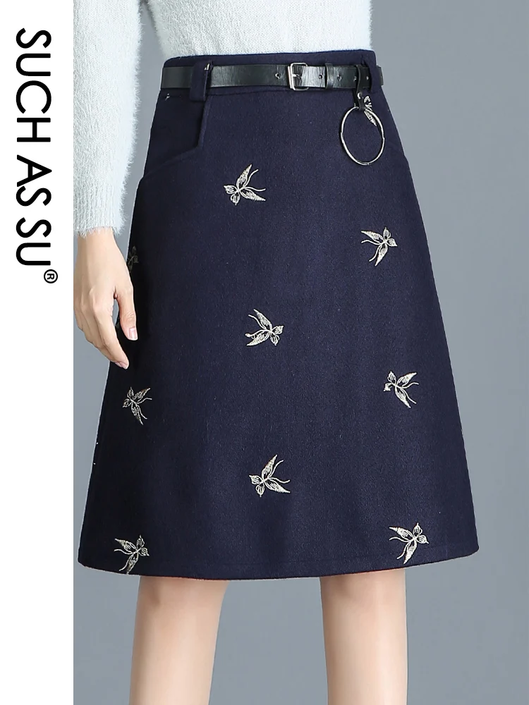 Top Trends: SUCH AS SU New Fashion 2021 Autumn Winter Wool Skirts Womens Black Dark Blue Butterfly Embroidery S-3XL High Waist A-Line Skirt Shoppable Styles