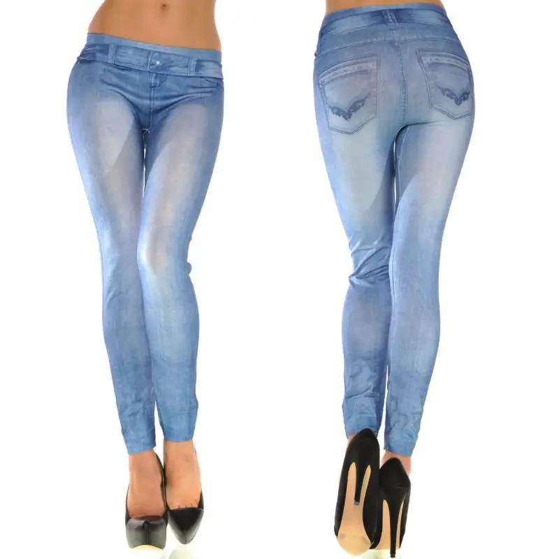 Top Trends: Women Vintage Wash Color Denim Print Leggings Low Rise Stretchy Pencil Pants Seamless Ankle Length Skinny Fake Jeans Shoppable Styles