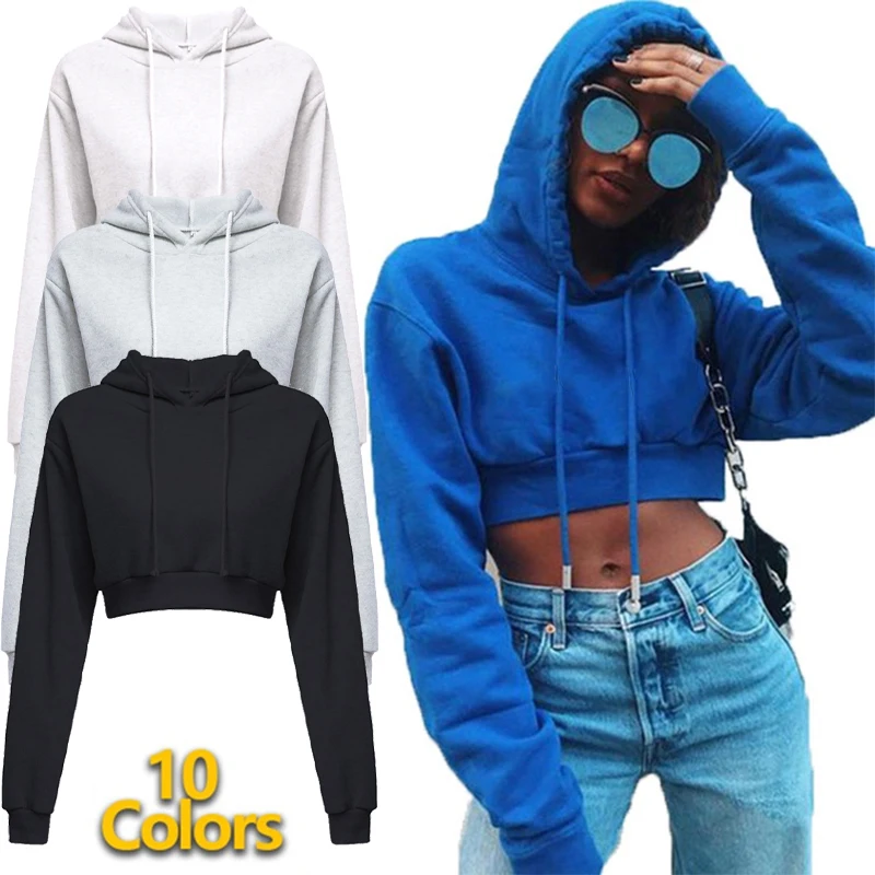 Top Trends: Womens Cropped Hoodie Short Sweatshirt Plain Pullover Hooded Crop Tops Sexy Casual Long Sleeve Hooded Shoppable Styles