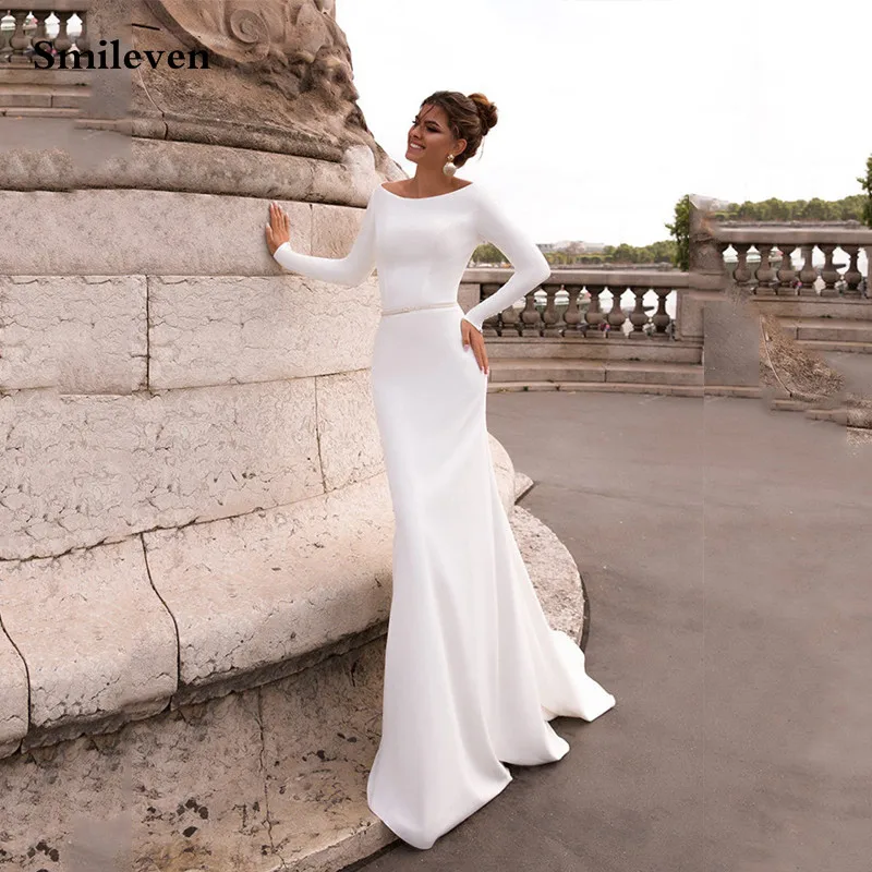 Top Trends: Smileven Soft Satin Mermaid Wedding Dresses Long Sleeve Elegant Backless Bride Dress Wedding Gowns 2020 Vestido De Noiva Shoppable Styles