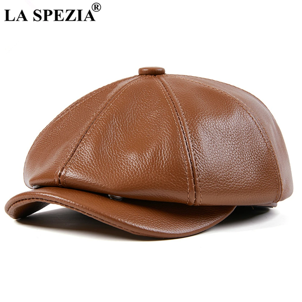 Top Trends: LA SPEZIA Genuine Leather Newsboy Cap Men High Quality Octagonal Hat Autumn Winter Beret Real Cowskin Flat Cap Shoppable Styles