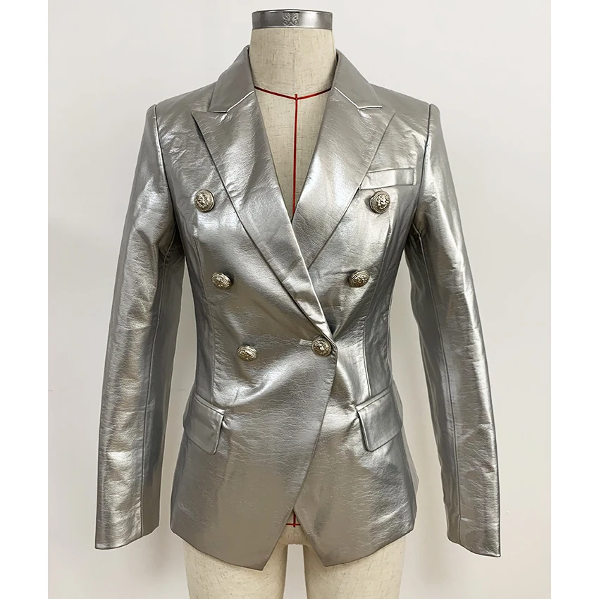 Top Trends: HIGH STREET Newest 2021 Designer Stylish Runway Women's Fashion Lion Buttons Silver Leather Blazer Jacket Shoppable Styles