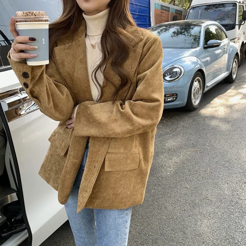 Top Trends: New Corduroy Thick Loose Oversized Blazers Women Autumn Winter Korean Long Sleeved Jacket Single Breasted Black Blazer Shoppable Styles