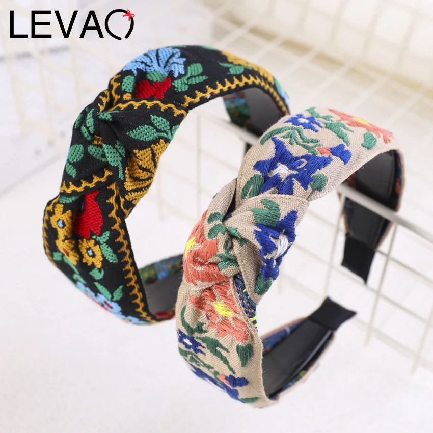 Top Trends: Levao Female Ethnic Hairband Embroidery Flower / Leaf Headband Head Bezel For Women Cross Knotted Hair Hoop Headbands Headwear Shoppable Styles