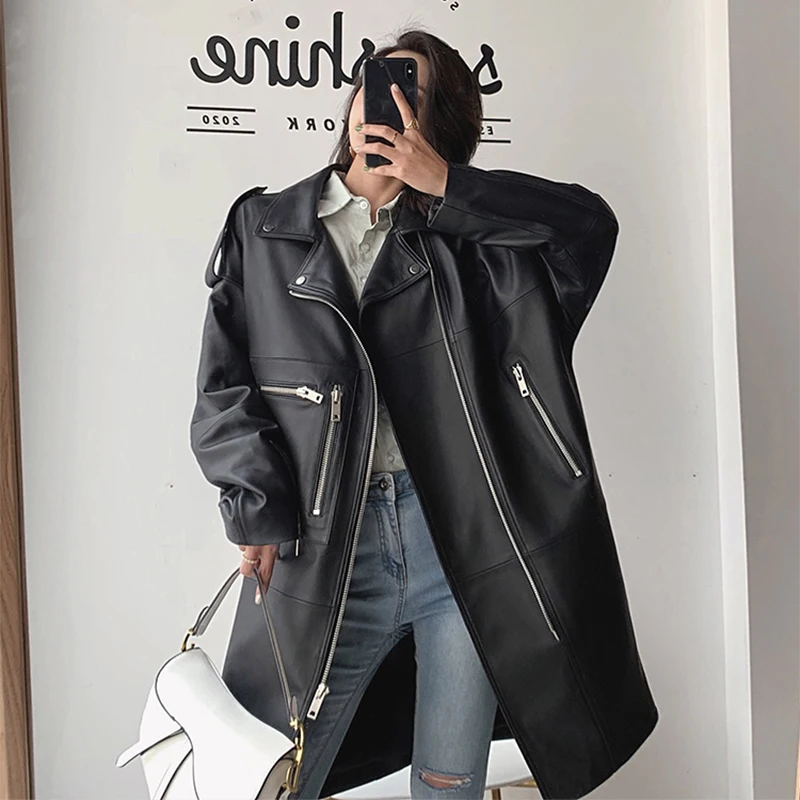 Top Trends: Nerazzurri Autumn Oversized Black Long Womens Leather Biker Jacket Long Sleeve Spring Loose Faux Leather Coat Streetwear 2022 Shoppable Styles - Image 5