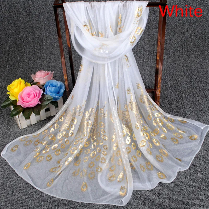 Top Trends: New Fashion High Quality Girl Long Silk Scarves Soft Gold Peacock Chiffon Wrap Shawl Pashmina Scarves Shoppable Styles