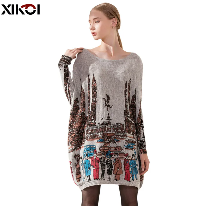 Top Trends: Oversized Sweater Women Pullover City PrintDress Winter Pull Knitted Cloth Loose Long Batwing Sleeves Casual Sueter Mujer Shoppable Styles