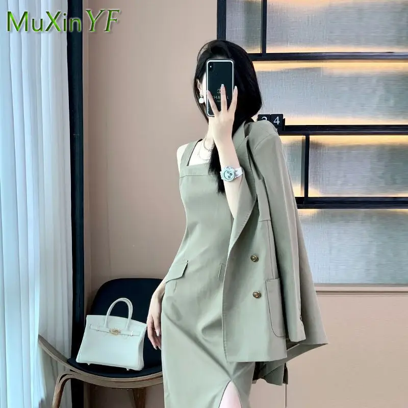 Top Trends: Korean Fashion Dress Suit Jacket Set 2024 Spring New Long-sleeved Blazers Suspender Skirt Two-piece Women Elegant Business Suit Shoppable Styles