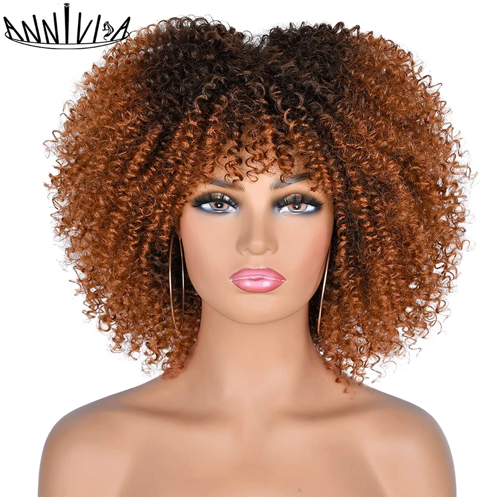 Top Trends: Short Hair Afro Kinky Curly Wigs With Bangs African Synthetic Ombre Glueless Cosplay Wigs For Black Women High Temperature Shoppable Styles