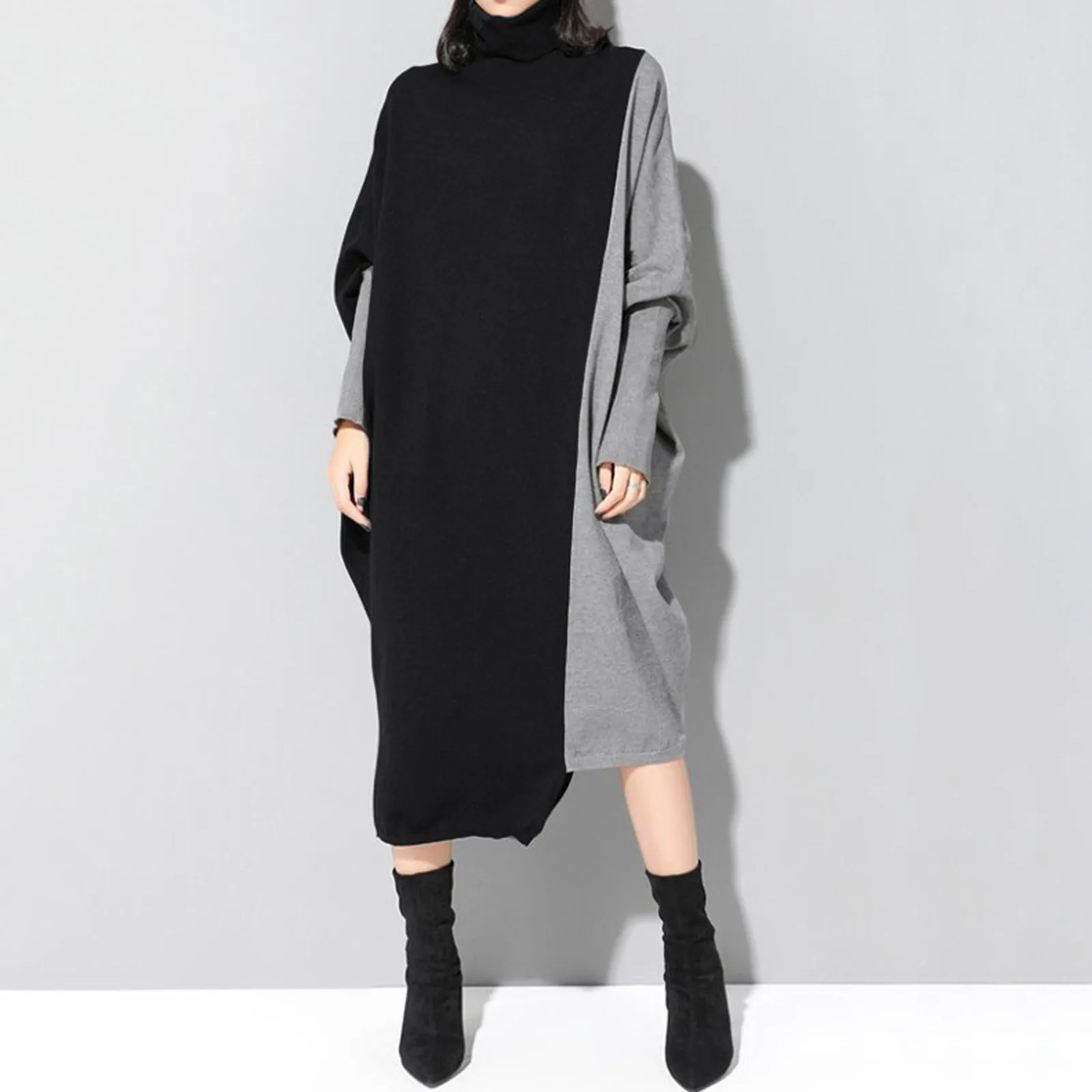 Top Trends: Women Korean Style Spliced Knitted Midi Dress Autumn Fashion Turtleneck Long Sleeve Oversized Dresses All-Match Elegant Female Shoppable Styles