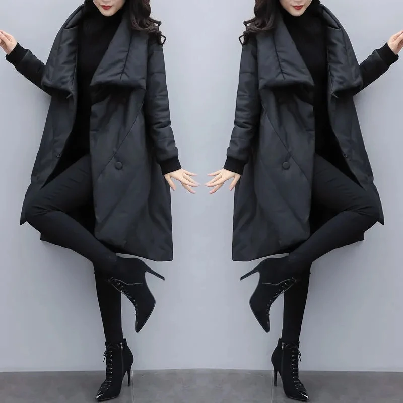 Top Trends: 2024 Winter New Women Loose Fashion Mid-length Down Padded Cotton Jacket Female Black Slimming Cloak Jacket Buttons Thickeing Shoppable Styles - Image 2