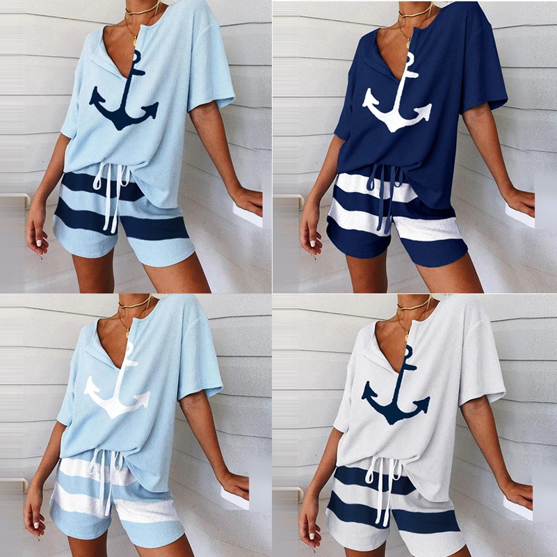 Top Trends: Summer 2Pcs Women Tracksuit Boat Anchor Print Shirt Shorts Set Spring Elegant V Neck Pullover Ladies Sportswear Suits Pocket Hot Shoppable Styles - Image 2