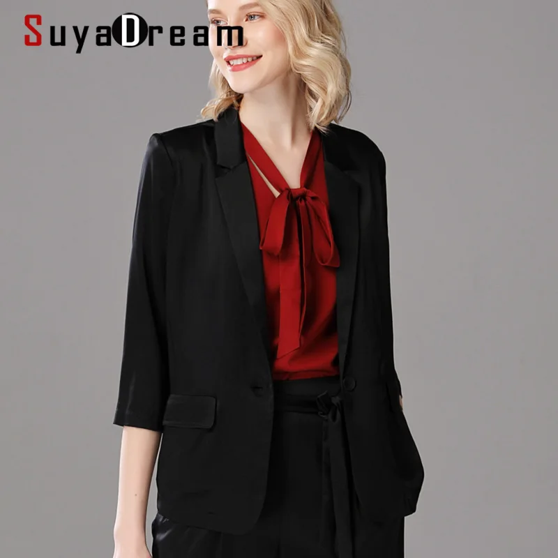 Top Trends: SuyaDream Silk Blazer Silk Satin Woman 3 / 4 Sleeves Single Button Solid Office Chic Blazers 2021 Fall Winter Elegant Blazer Set Shoppable Styles