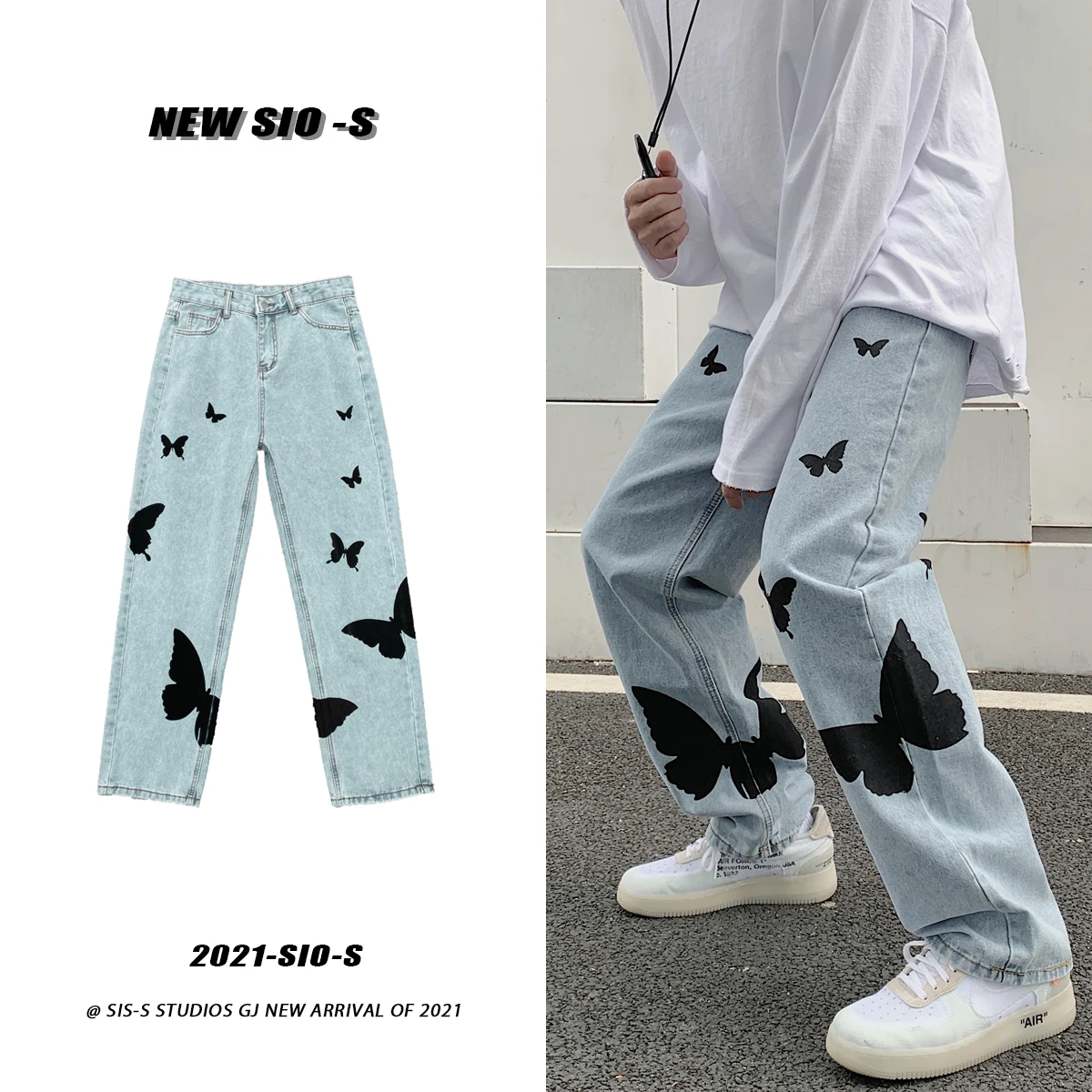 Top Trends: Butterfly Print Jeans Men Pants Loose Baggy Jeans Casual Denim Pants Streetwear Straight Fashion Trousers Clothing Vintage Shoppable Styles