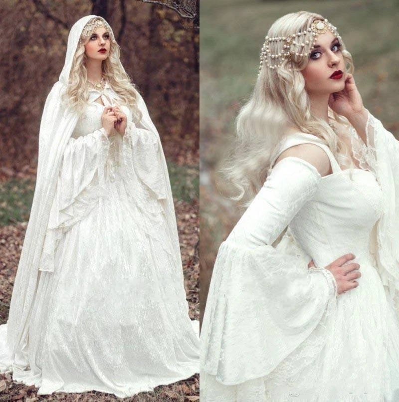 Top Trends: Vintage Gothic White Lace Ball Gown Wedding Dresses With Cloak Plus Size Flare Long Sleeve Celtic Medieval Princess Bridal Dress Shoppable Styles