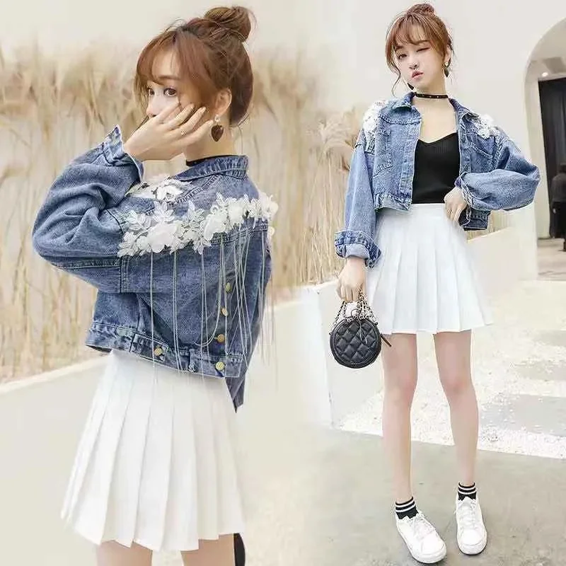 Top Trends: Denim Jacket Women Spring Autumn Korean Three-Dimensional Flower Embroidery Chain Tassel Loose Bat Sleeve Jeans Jackets Short F Shoppable Styles