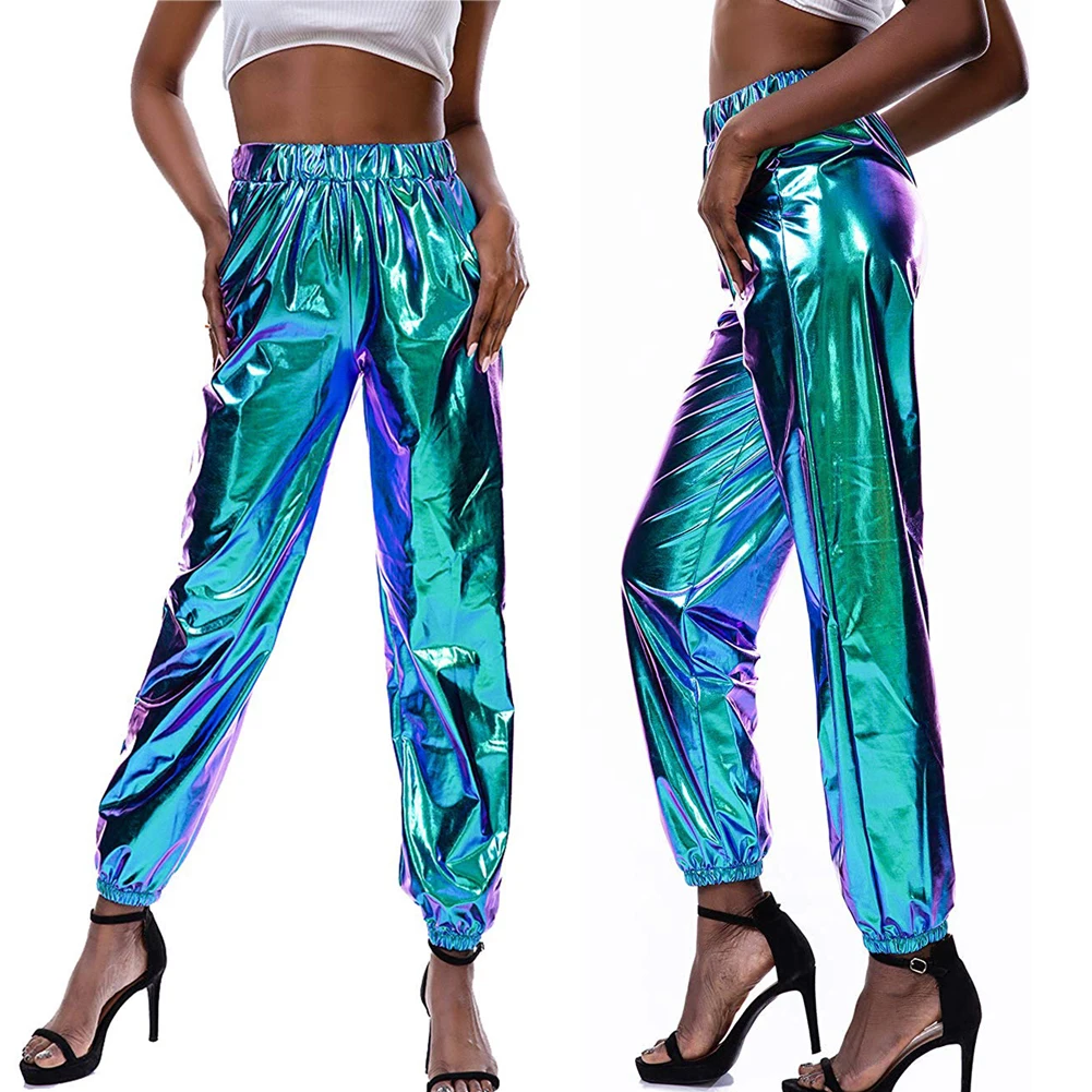 Top Trends: Women's Pant High Waist Metallic Shiny Jogger Casual Holographic Color Streetwear Trousers Women Fashion Smooth Reflective Pants Shoppable Styles