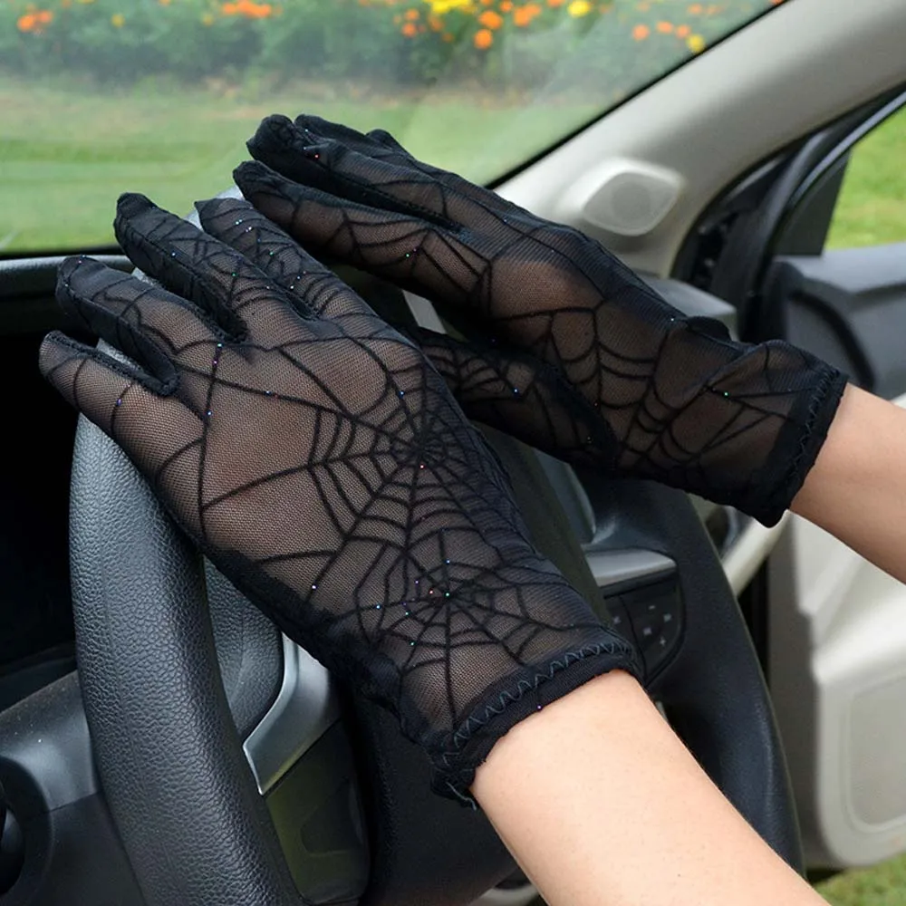 Top Trends: Fashion Sexy Summer Female Full Finger Short Lace Gloves Women Driving Spider Web Pattern Sun Anti-UV Black Gloves Shoppable Styles