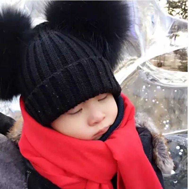 Top Trends: Two Pompom Fur Hat Baby Boy Girl Knitted Beanie Hat Winter Hat For Kids Children Double Real Natural Fur Pom Pom Hat Shoppable Styles - Image 6