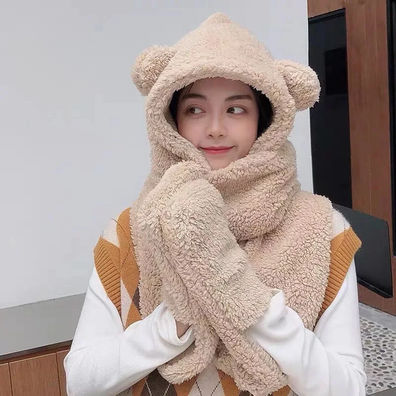 Top Trends: New Fashion Beanies Caps Winter Woman Scarf Cute Bear Ear Hat Girls Warm Head Hood Plush Hat Scarf Set Casual Women Bonnet Caps Shoppable Styles - Image 5