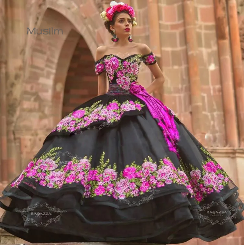 Top Trends: Black Mexican Quinceanera Dresses Ball Gown Beaded Off The Shoulder Tiered Sweet 15 Birthday Dress Corset Gothic Prom Party 2023 Shoppable Styles