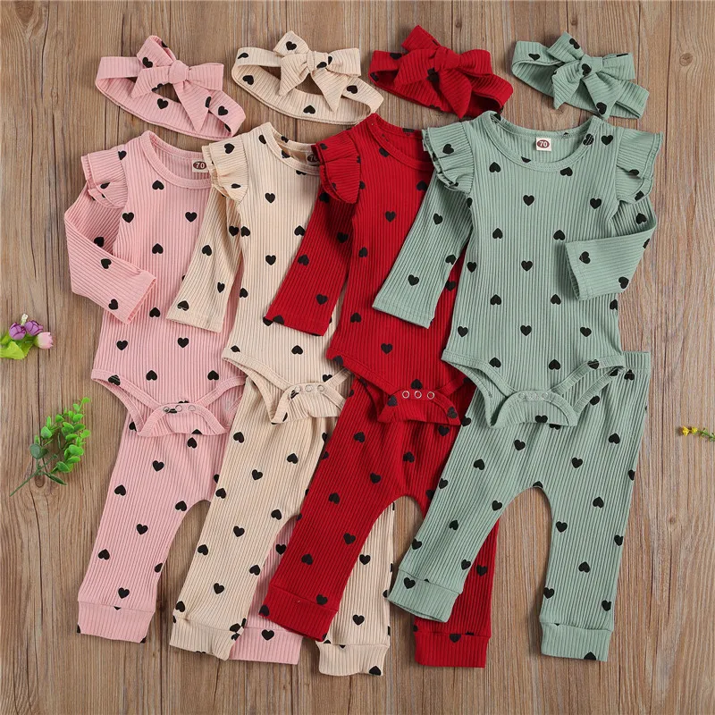 Top Trends: Newborn Baby Girl Ribbed Clothes Set Heart Print Crew Neck Lace Long Sleeve Top Long Pants And Hairband 3-piece Suits Shoppable Styles