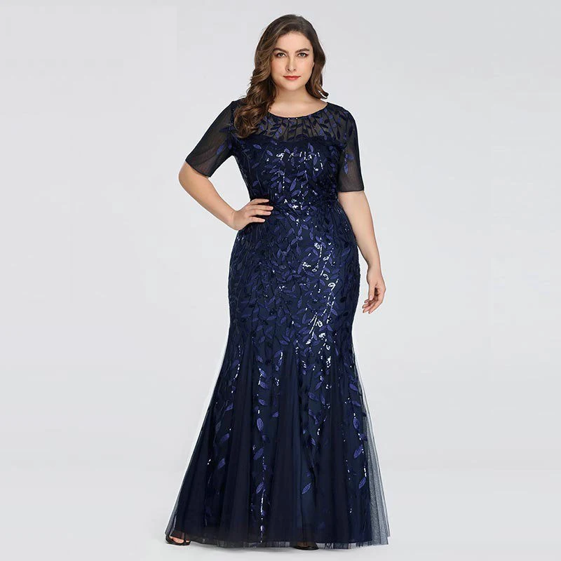 Top Trends: 2023 Plus Size Sequin Mesh Mermaid Slim Evening Dress Beaded Leaves Pattern Formal Women Elegant Party Prom Gowns Short Sleeve Shoppable Styles