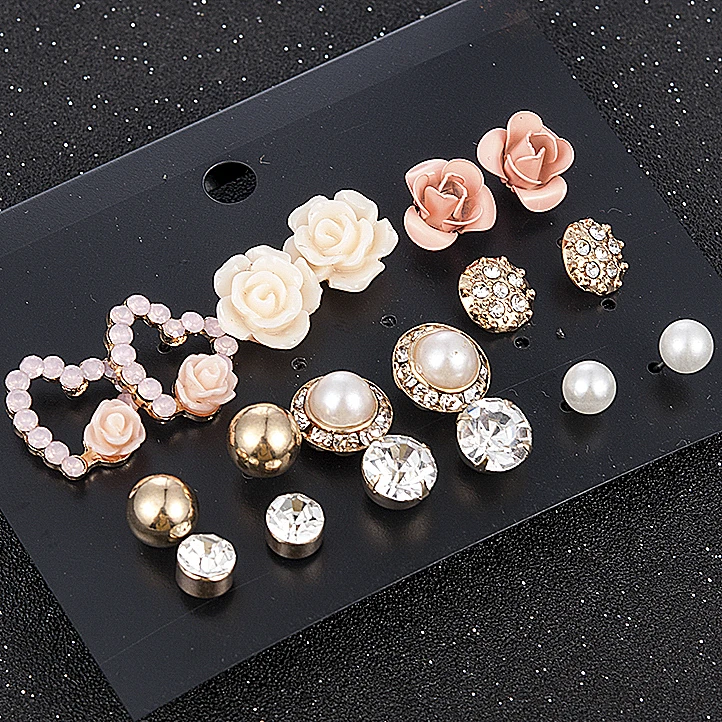 Top Trends: 2023 New Fashion Women 9pair / set Flower Pearl Alloy Ear Earring Cute Crystal Wedding Jewelry Gifts For Girl Korean Fashion Shoppable Styles