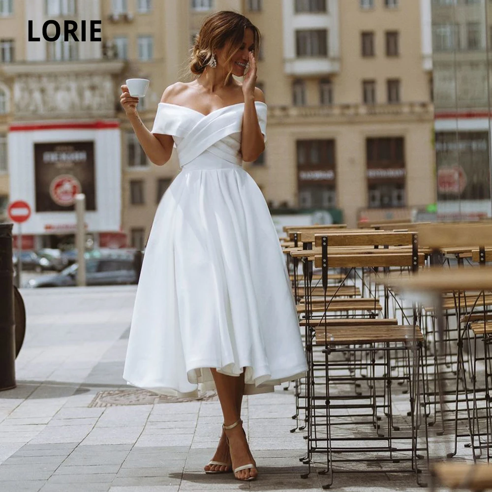 Top Trends: LORIE Simple Tea-length Wedding Dress Off The Shoulder White Ivory Satin A-line Short Bride Gowns Beach Back Lacing Wedding Gown Shoppable Styles