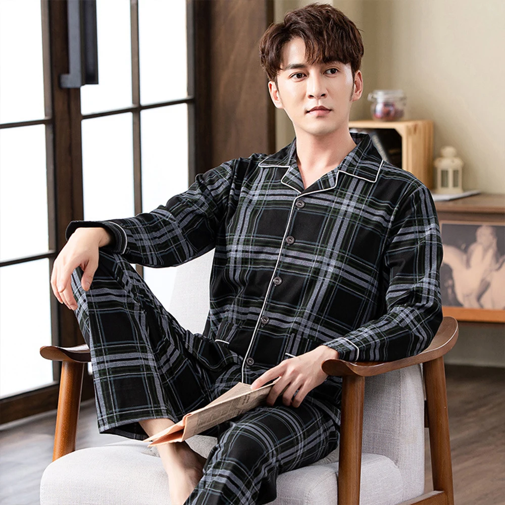 Top Trends: Spring Autumn 100% Cotton Pajamas Sets For Men Plaid Sleepwear Suit Casual Home Clothes Pijamas Hombre Loungewear Plus Size 4XL Shoppable Styles