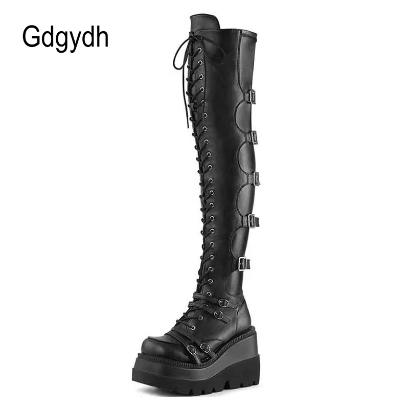 Top Trends: Gdgydh Brand Design Female High Platform Thigh High Boots Buckle Strap Gothic Girls High Heels Boots Women Cosplay Wedges Shoes Shoppable Styles