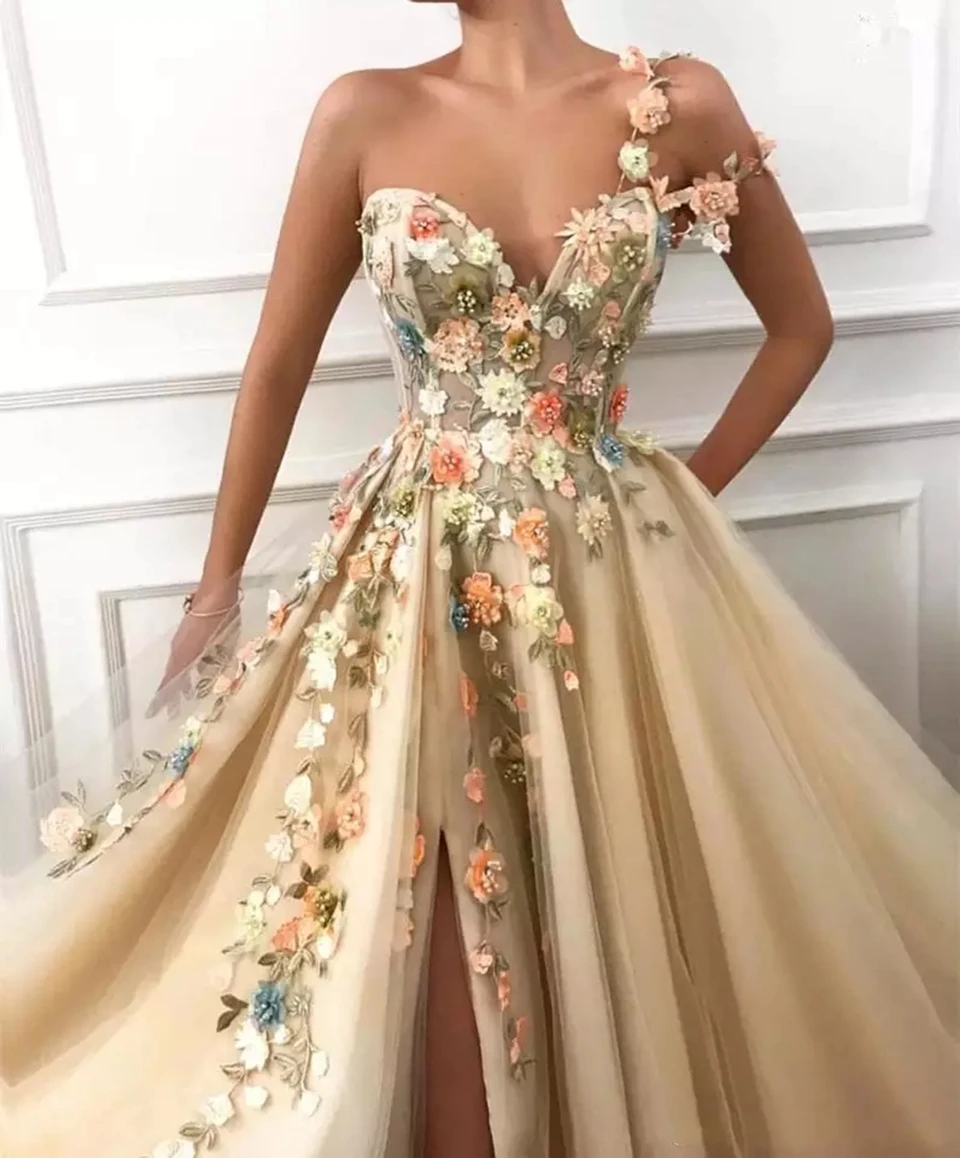 Top Trends: 2024 Champagne Flowers Split A-Line Prom Dresses Women Party Night Long Appliques Evening Gown Robes De Soirée Shoppable Styles