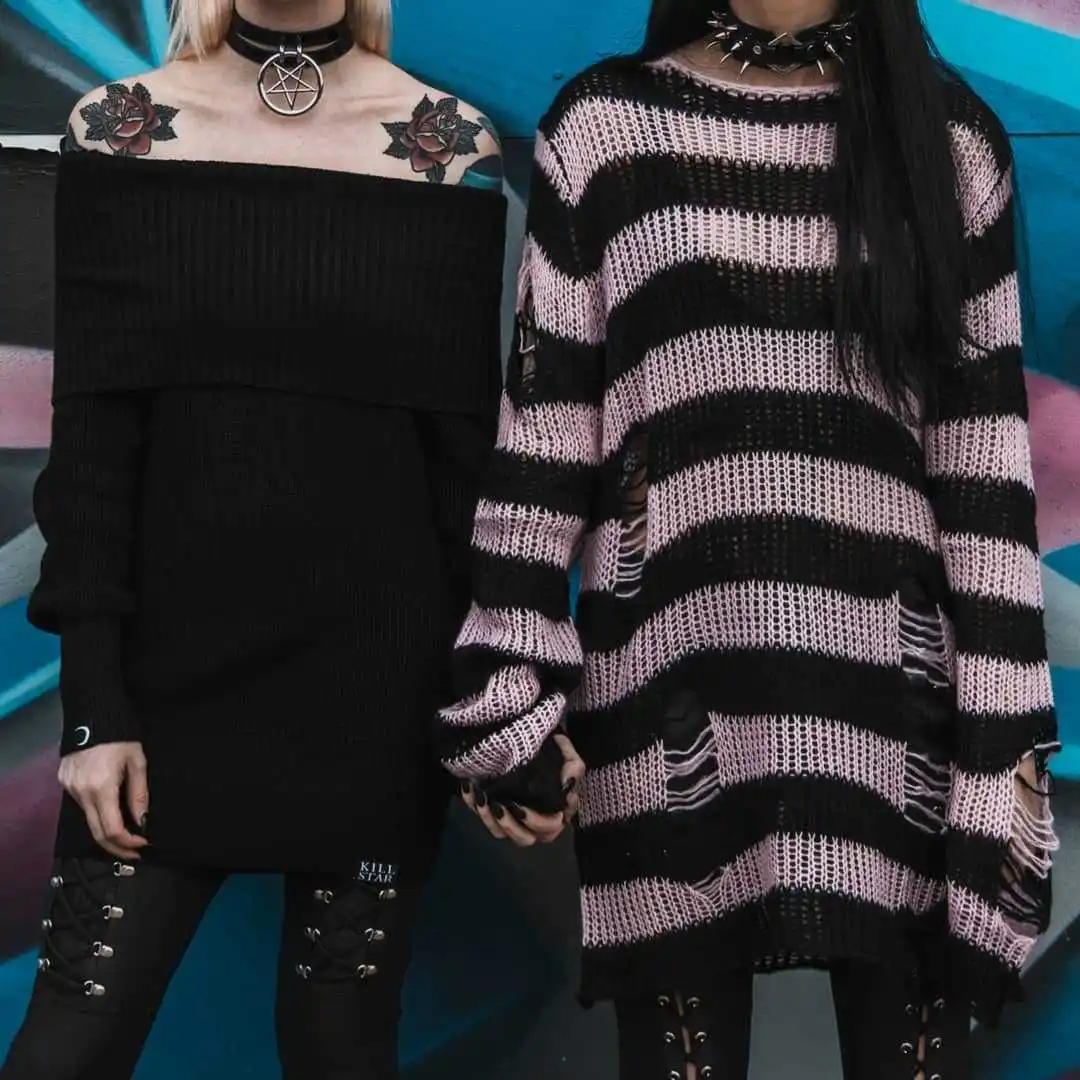 Top Trends: Women Punk Gothic Striped Hollow Out Sweater Color Block Long Sleeve Ripped Oversized Pullovers Retro Casual Knitted Jumpers Shoppable Styles