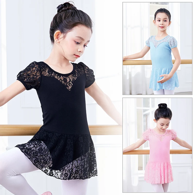 Top Trends: Girls Ballet Leotard Dress Lace Splice Puffy Sleeve Ballet Dress Lycra Cotton Dress With Lace Skirt For Girls Bodysuit Shoppable Styles