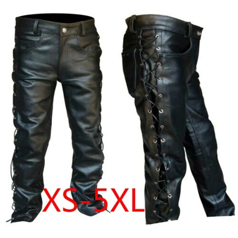 Top Trends: Lace Up Leather Pants Motorcycle Punk Black Pants For Men Fashion Winter Big And Tall Mens Clothing Pantalon Homme Trousers Shoppable Styles