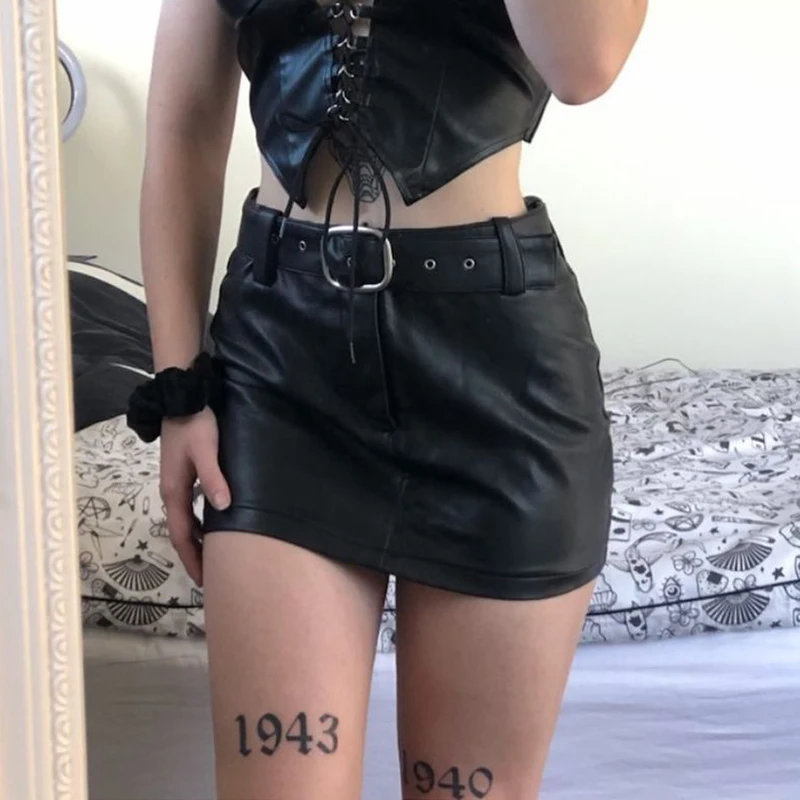 Top Trends: Women Sexy Retro Leather Y2K Mini Skirt Low Waist Short Half Skirt Bodycon With Belt Control Streetwear Straight Skirt Clubwear Shoppable Styles