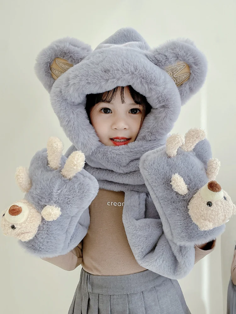 Top Trends: Children's Hat Winter Boys And Girls Cute Earmuffs Hat Scarf Gloves One-Piece Hat Bear Baby Sleeve Cap Shoppable Styles - Image 2